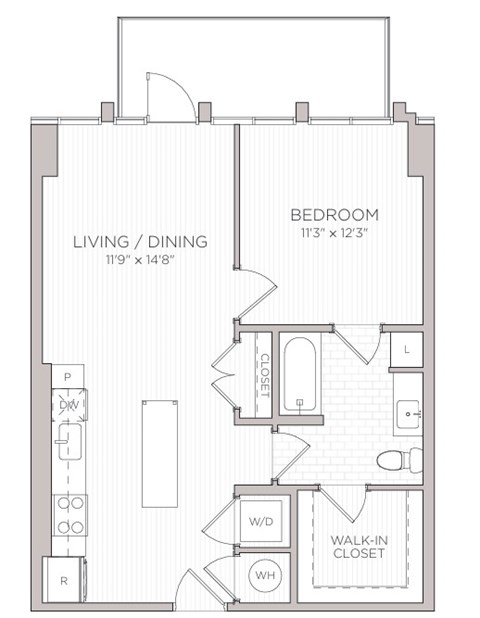 Floor plan for 1 bed, 1 bath, 728 sqft